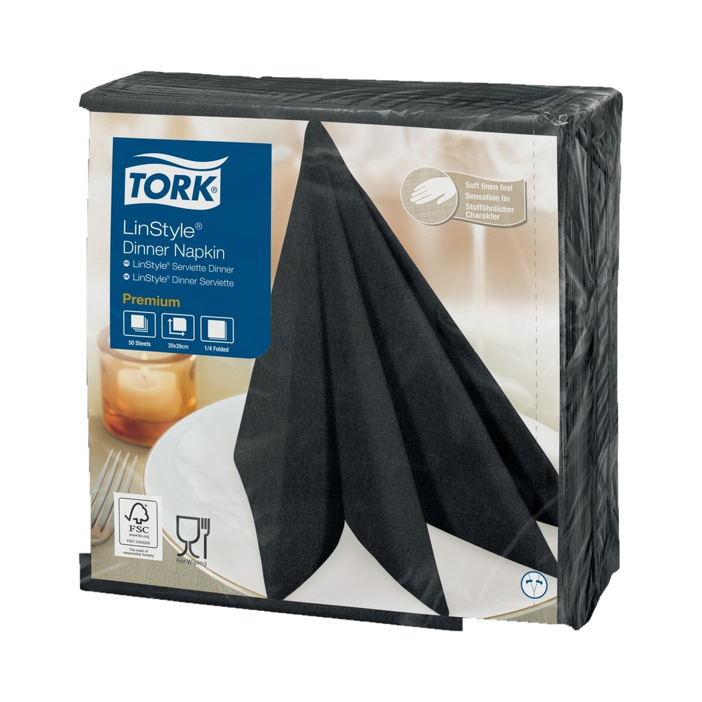 [5306NOIR] Serviette Airlaid 1/4 pli 39x39cm Tork Linstyle papier couleur (Noir)