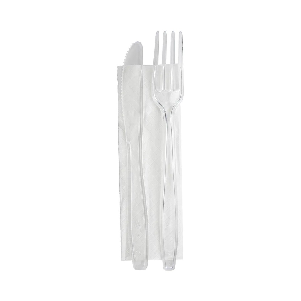 [66211] Set de couverts PS réutilisable transparent couteau, fourchette et serviette