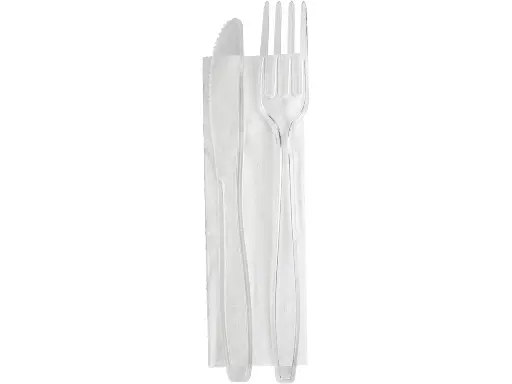 [66211] Set de couverts PS réutilisable transparent couteau, fourchette et serviette