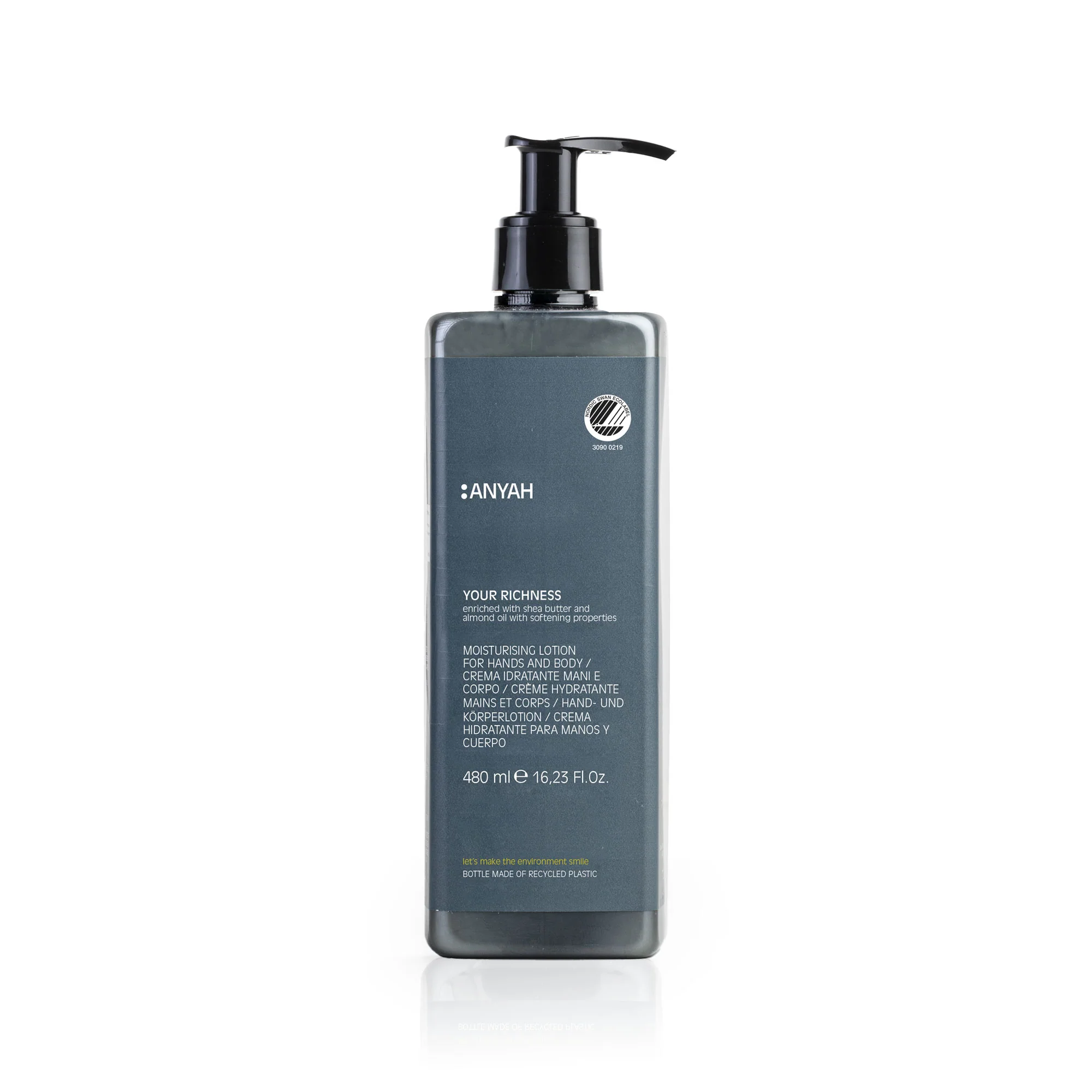 [1408] Crème hydratante corps et mains "YOUR RICHNESS" Flacon rechargeable Ecolabel Anyah 480ml
